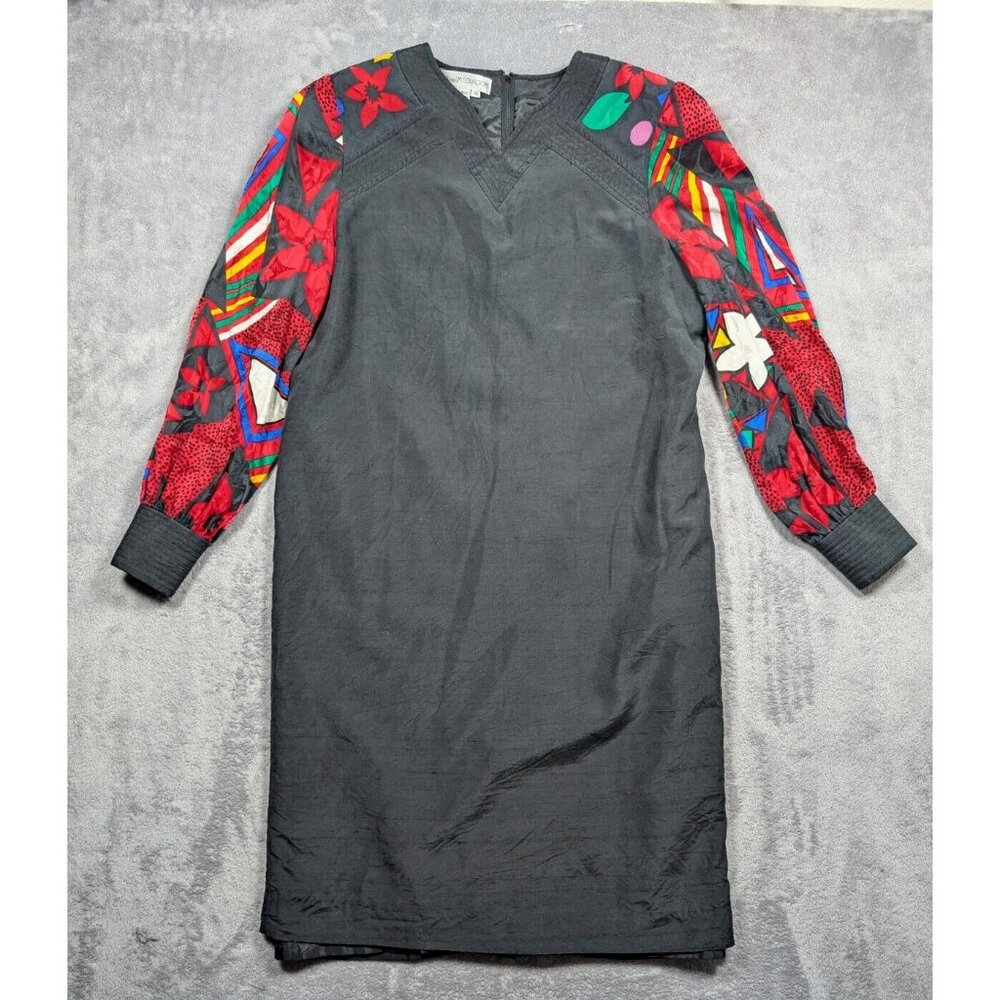 Anne Crimmins Vintage Dress Women Sz 10 Black Midi Silk Shoulder Pads Artsy